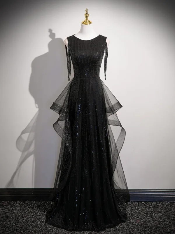 black aline formal dress A Line V Neck Black SatinFormal Evening Dresses With Pockets Long Prom Dresses main image 1