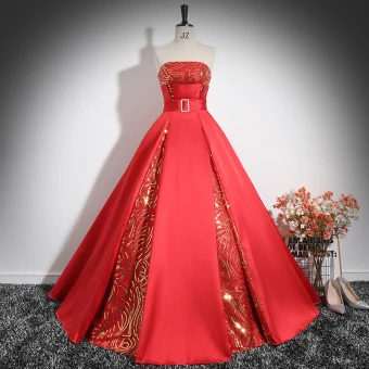 Élégant Rouge Paillettes Satin Robe De Bal 2024 Robe Boule Bustier Sans Manches Dos Nu Longue Promo Robe De Ceremonie