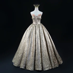 Scintillantes Doré Perlage Perle Paillettes Appliques Robe De Bal 2024 Robe Boule Bustier Sans Manches Dos Nu Longue Promo Robe De Ceremonie