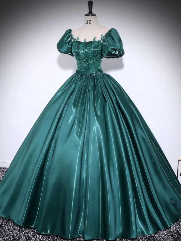 Vintage / Retro Dark Green Sequins Lace Flower Satin Prom Dresses 2025 Ball Gown Scoop Neck Short Sleeve Backless Floor-Length / Long Formal Dresses