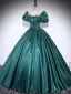 Vintage / Retro Dark Green Sequins Lace Flower Satin Prom Dresses 2025 Ball Gown Scoop Neck Short Sleeve Backless Floor-Length / Long Formal Dresses