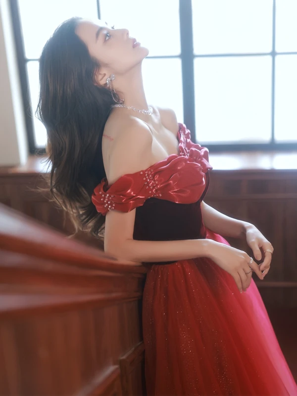Classy Red Suede Sequins Evening Dresses 2022 A-Line / Princess Off-The-Shoulder Sleeveless Backless Floor-Length / Long Evening Party Formal Dresses