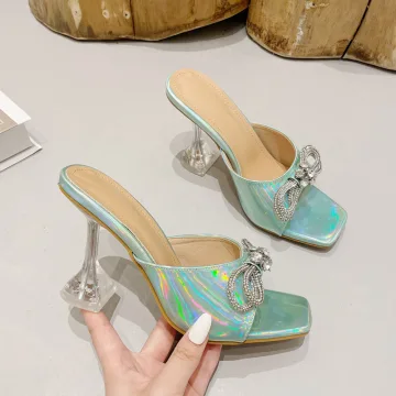 Chic Beautiful Mint Green Street Wear Summer Rhinestone Bow Womens Sandals 2022 9 Cm Stiletto Heels Open Peep Toe Sandals High Heels
