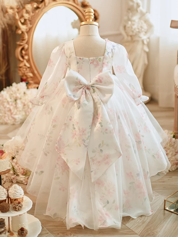 Chic / Beautiful White Rhinestone Printing Birthday Flower Girl Dresses 2023 A-Line / Princess Square Neckline Bow Long Sleeve Short