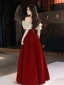 Elegant Burgundy Prom Dresses 2024 A-Line / Princess Ruffle Off-The-Shoulder Short Sleeve Backless Floor-Length / Long Prom Formal Dresses