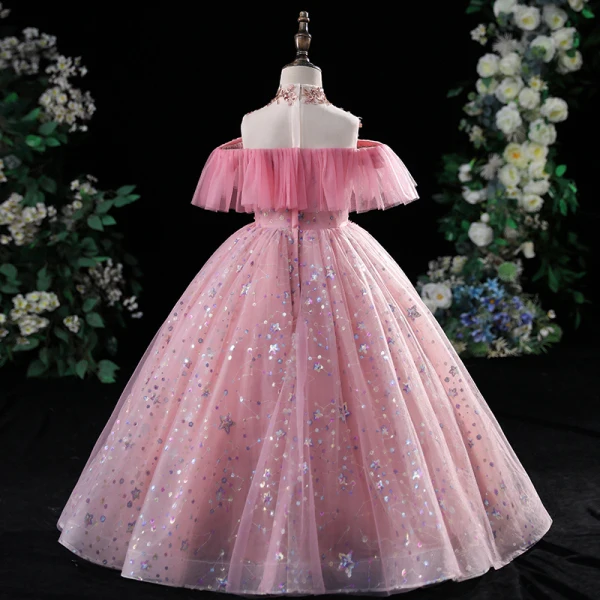 Chic / Beautiful Candy Pink Star Sequins Beading Prom Flower Girl Dresses 2022 A-Line / Princess High Neck Short Sleeve Floor-Length / Long Flower Girl Dresses