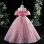 Chic / Beautiful Candy Pink Star Sequins Beading Prom Flower Girl Dresses 2022 A-Line / Princess High Neck Short Sleeve Floor-Length / Long Flower Girl Dresses