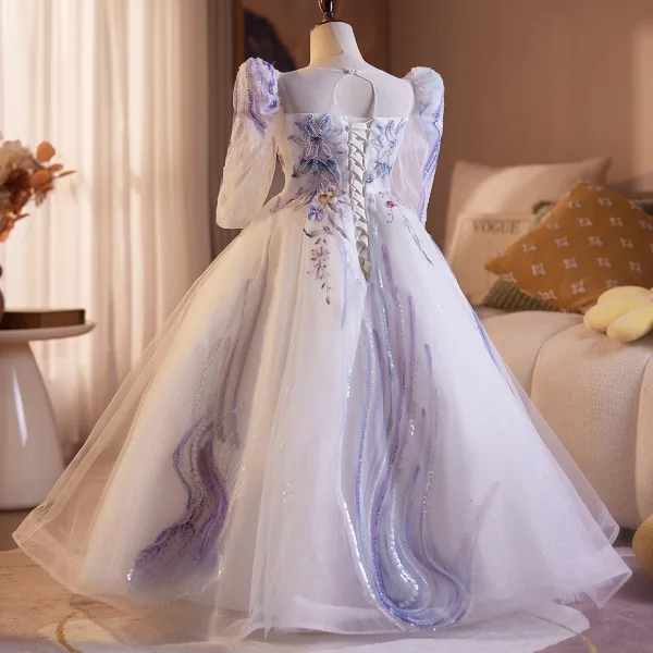 Chic / Belle Lavande Perlage En Dentelle Fleur Anniversaire Robe Ceremonie Fille 2025 Robe Boule Encolure Dégagée 3/4 Manches Dos Nu Longue Tulle