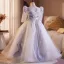 Chic / Belle Lavande Perlage En Dentelle Fleur Anniversaire Robe Ceremonie Fille 2025 Robe Boule Encolure Dégagée 3/4 Manches Dos Nu Longue Tulle