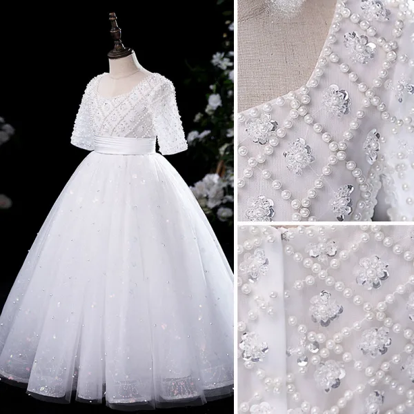 Elegant White Pearl Sequins Evening Party Flower Girl Dresses 2022 Ball Gown Scoop Neck Short Sleeve Sash Floor-Length / Long Flower Girl Dresses