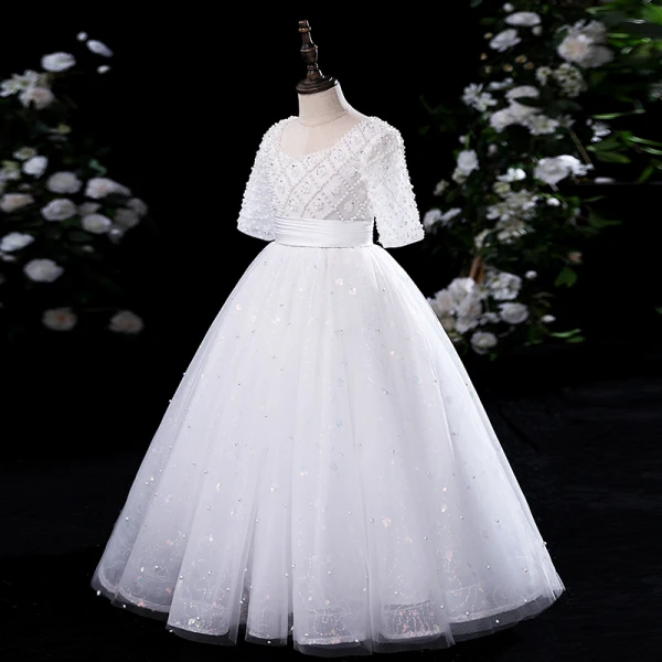 Chic / Beautiful White Beading Pearl Sequins Birthday Flower Girl Dresses 2024 Ball Gown Square Neckline Short Sleeve Floor-Length / Long