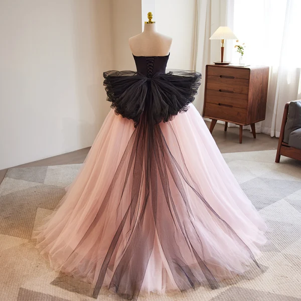 Chic / Beautiful Blushing Pink Beading Appliques Prom Dresses 2023 Ball Gown Strapless Sleeveless Backless Bow Floor-Length / Long Formal Dresses