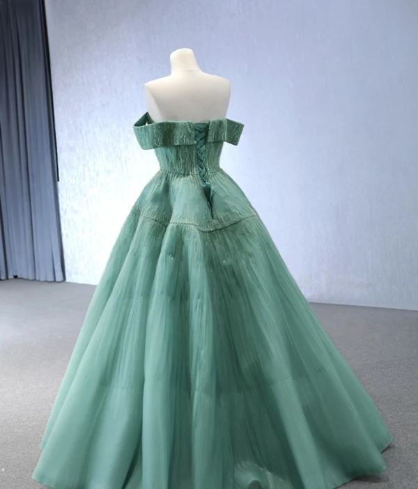 High-end Sage Green Beading Prom Dresses 2024 Ball Gown Off-The-Shoulder Sleeveless Backless Floor-Length / Long Prom Formal Dresses
