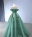 High-end Sage Green Beading Prom Dresses 2024 Ball Gown Off-The-Shoulder Sleeveless Backless Floor-Length / Long Prom Formal Dresses
