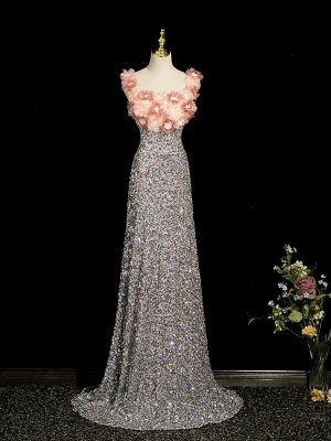 Scintillantes Rougissant Rose Appliques Paillettes Robe De Bal 2023 Princesse Encolure Carrée Sans Manches Dos Nu Train De Balayage Promo Robe De Ceremonie