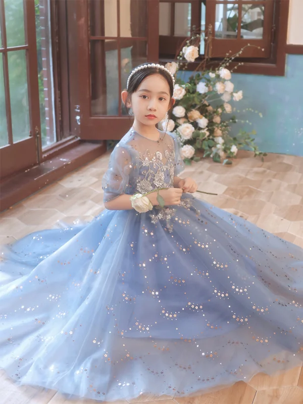 Chic / Beautiful Sky Blue Beading Sequins Lace Flower Prom Flower Girl Dresses 2022 A-Line / Princess Scoop Neck Short Sleeve Floor-Length / Long Flower Girl Dresses