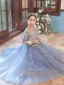 Chic / Beautiful Sky Blue Beading Sequins Lace Flower Prom Flower Girl Dresses 2022 A-Line / Princess Scoop Neck Short Sleeve Floor-Length / Long Flower Girl Dresses