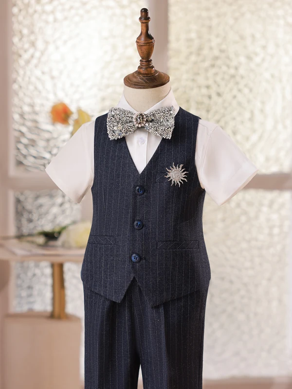 Navy Blue Striped 5-piece Boys Wedding Suits 2022 Short Sleeve Body Jewellery Pants Shirt Tie Vest