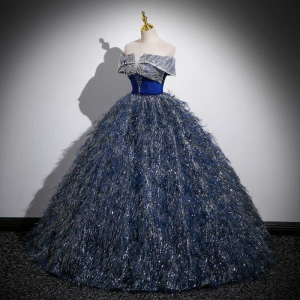 Vintage / Retro Bling Bling Navy Blue Beading Sequins Tassel Prom Dresses Ball Gown 2023 Off-The-Shoulder Sleeveless Backless Floor-Length / Long Prom Formal Dresses