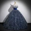 Vintage / Retro Bling Bling Navy Blue Beading Sequins Tassel Prom Dresses Ball Gown 2023 Off-The-Shoulder Sleeveless Backless Floor-Length / Long Prom Formal Dresses