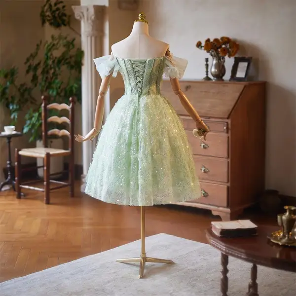 Fashion Sage Green Beading Sequins Appliques Homecoming Graduation Dresses 2025 A-Line / Princess Off-The-Shoulder Short Sleeve Backless Tea-length Formal Dresses
