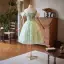 Fashion Sage Green Beading Sequins Appliques Homecoming Graduation Dresses 2025 A-Line / Princess Off-The-Shoulder Short Sleeve Backless Tea-length Formal Dresses