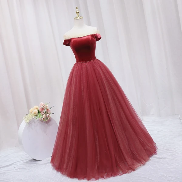 Chic / Beautiful Watermelon Beading Velvet Prom Dresses 2024 Ball Gown Off-The-Shoulder Sleeveless Backless Floor-Length / Long Prom Formal Dresses