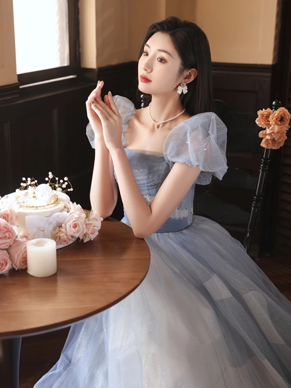 Chic / Beautiful Sky Blue Glitter Evening Dresses 2023 A-Line / Princess Off-The-Shoulder Pearl Short Sleeve Backless Floor-Length / Long Evening Party Formal Dresses