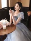 Chic / Beautiful Sky Blue Glitter Evening Dresses 2023 A-Line / Princess Off-The-Shoulder Pearl Short Sleeve Backless Floor-Length / Long Evening Party Formal Dresses