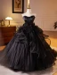 Fashion Black Appliques Cascading Ruffles Prom Dresses 2024 Ball Gown Strapless Sleeveless Backless Court Train Prom Formal Dresses