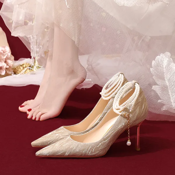 Charmant Champagne Paillettes Chaussure De Mariée 2022 Perle Bride Cheville 8 cm Talons Aiguilles À Bout Pointu Mariage Escarpins Talons Hauts