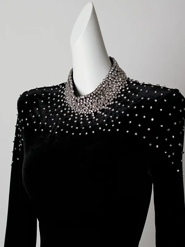 Sexy Noire Faux Diamant Velours Robe De Soirée 2026 Trompette / Sirène Col Haut Manches Longues Train De Balayage Robe De Ceremonie