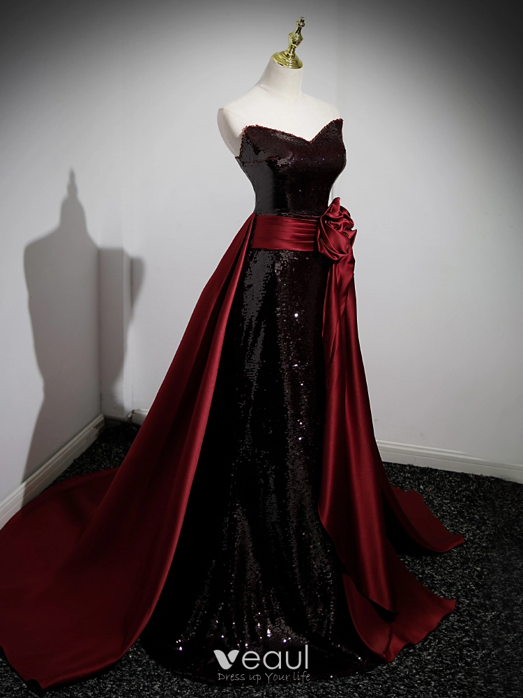 Chic / Beautiful Burgundy Flower Satin Sequins Evening Dresses 2023 A-Line  / Princess Strapless Sleeveless Backless Court Train Evening Party Formal  Dresses