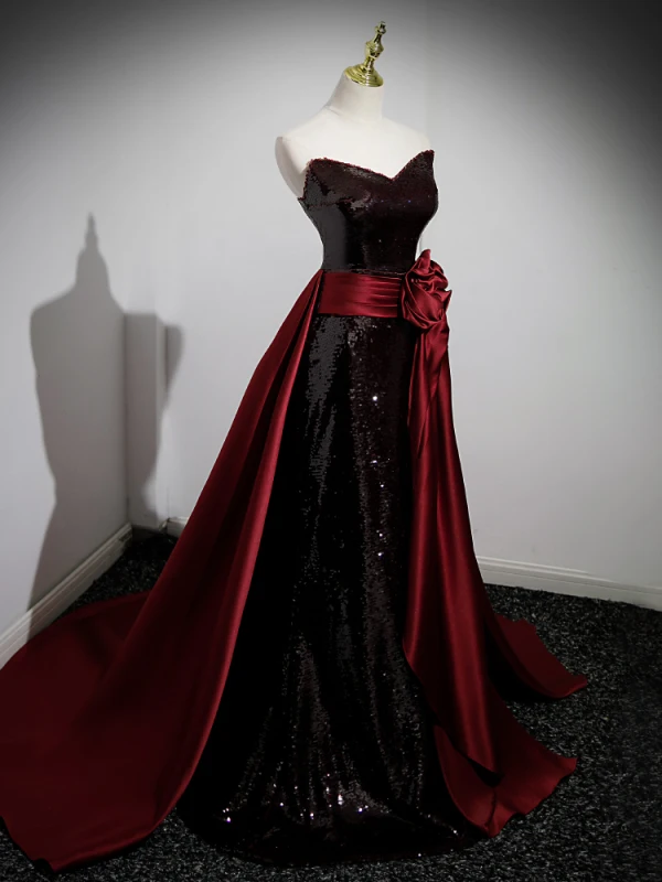Chic / Beautiful Burgundy Sequins Flower Prom Dresses 2023 Trumpet / Mermaid Sleeveless Strapless Backless Court Train Prom Formal Dresses