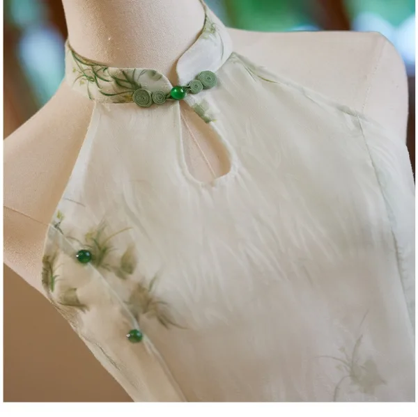 Chinese style Sage Green Printing Tea-length Cheongsam 2024 Trumpet / Mermaid High Neck Sleeveless