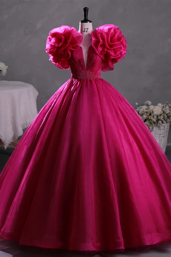 Vintage / Retro Ethnic Fuchsia Beading Prom Dresses 2023 Ball Gown Scoop Neck Ruffle Short Sleeve Backless Floor-Length / Long Prom Formal Dresses
