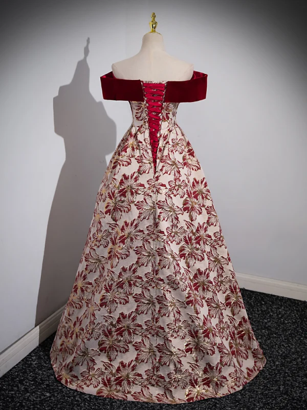 Elegant Burgundy Printing Prom Dresses 2023 A-Line / Princess Off-The-Shoulder Sleeveless Backless Floor-Length / Long Prom Formal Dresses