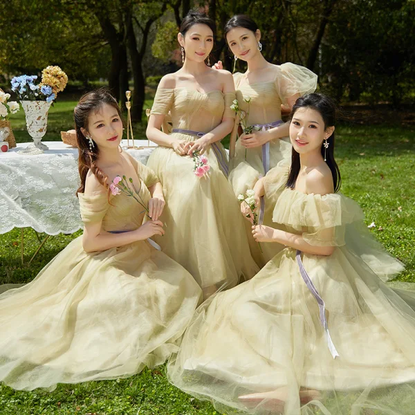 Enkel Salvie Grønn Brudepikekjoler 2022 Prinsesse Brudepike Av Skulderen Korte Ermer Ryggløse Sløyfe Sash Lange Kjoler Til Bryllup