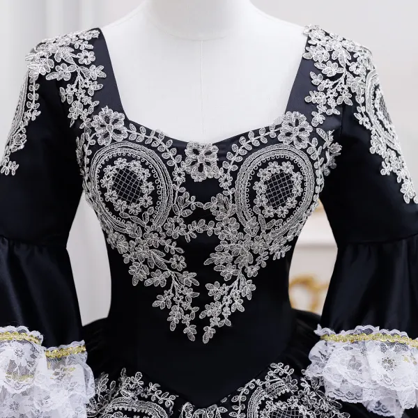 Vintage / Retro Black Lace Flower Prom Dresses 2026 Ball Gown Square Neckline Bell sleeves Backless Floor-Length / Long Formal Dresses