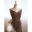 Sexy Scintillantes Doré Paillettes Robe De Soirée 2023 Trompette / Sirène Bretelles Spaghetti Sans Manches Dos Nu Noeud Train De Balayage Soirée Robe De Ceremonie