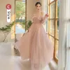 Modest / Simple Blushing Pink Pearl Sequins Bridesmaid Dresses 2022 A-Line / Princess Square Neckline Short Sleeve Backless Bow Floor-Length / Long Bridesmaid Formal Dresses