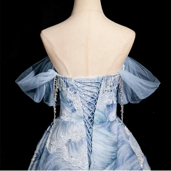 Elegant Sky Blue Beading Sequins Prom Dresses 2025 Ball Gown Off-The-Shoulder Short Sleeve Backless Floor-Length / Long Prom Formal Dresses