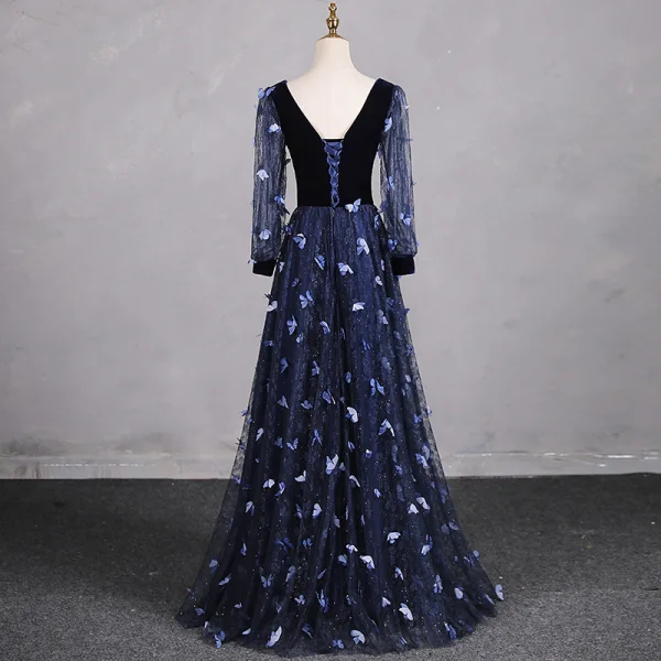 Chic / Beautiful Navy Blue Glitter Butterfly Appliques Prom Dresses 2024 A-Line / Princess V-Neck Long Sleeve Backless Floor-Length / Long Prom Formal Dresses