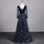 Chic / Beautiful Navy Blue Glitter Butterfly Appliques Prom Dresses 2024 A-Line / Princess V-Neck Long Sleeve Backless Floor-Length / Long Prom Formal Dresses
