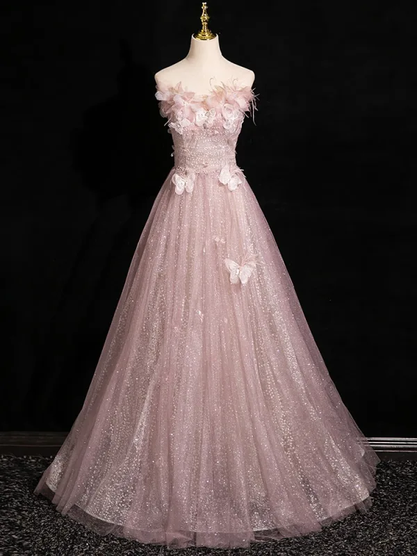 Elegant Blushing Pink Butterfly Appliques Sequins Prom Dresses 2024 Ball Gown Off-The-Shoulder Sleeveless Backless Floor-Length / Long Prom Formal Dresses