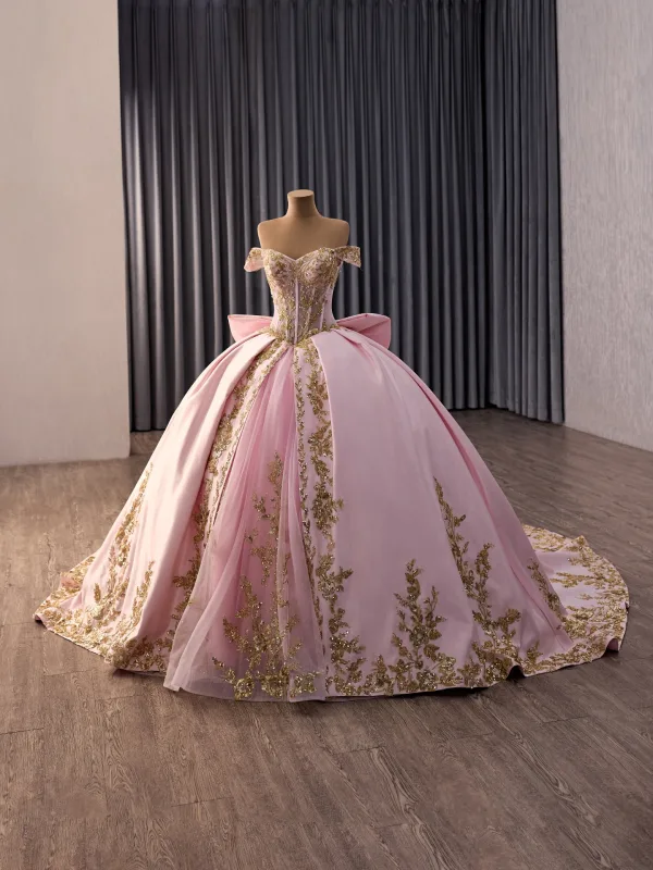 Luxury / Gorgeous Lovely Candy Pink Handmade  Beading Sequins Lace Flower Prom Dresses 2026 Ball Gown Off-The-Shoulder Sleeveless Backless Bow
