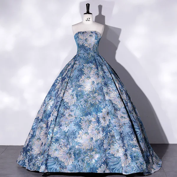 Elegant Pool Blue Printing Prom Dresses 2022 Ball Gown Off-The-Shoulder Short Sleeve Backless Floor-Length / Long Prom Formal Dresses