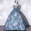 Elegant Pool Blue Printing Prom Dresses 2022 Ball Gown Off-The-Shoulder Short Sleeve Backless Floor-Length / Long Prom Formal Dresses