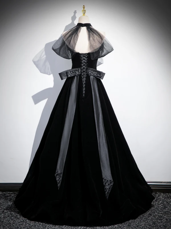 Chic / Beautiful Black Beading Rhinestone Velvet Prom Dresses 2024 Ball Gown Halter Sleeveless Backless Bow Floor-Length / Long Prom Formal Dresses