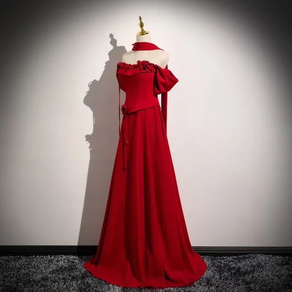 Schöne Rot Applikationen Schleife Ballkleider 2026 A Linie Off Shoulder Kurze Ärmel Rückenfreies Sweep / Pinsel Zug Ball Festliche Kleider